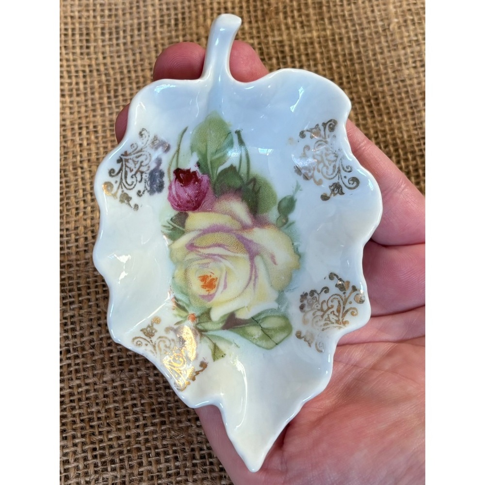 Vintage Hand Painted Floral Leaf Porcelain Trinket Dish Elegant Cottagecore
